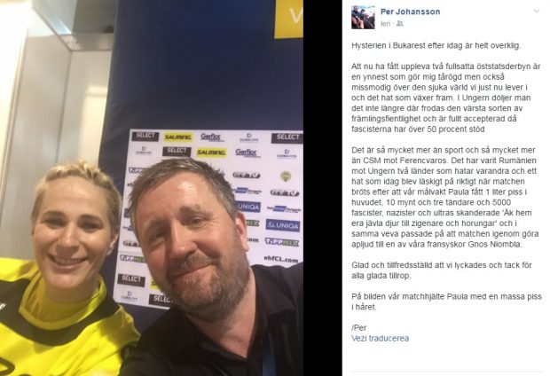 Mesajul lui Per Johansson a fost însoțit de o poză a antrenorului alături de Paula Ungureanu, care avea părul plin de urină
